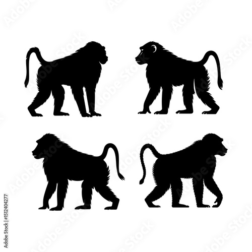 Silhouette depiction of four baboons in various poses against a white background showcasing primate forms