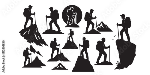 Hiker on mountain peak silhouette set vector illustration