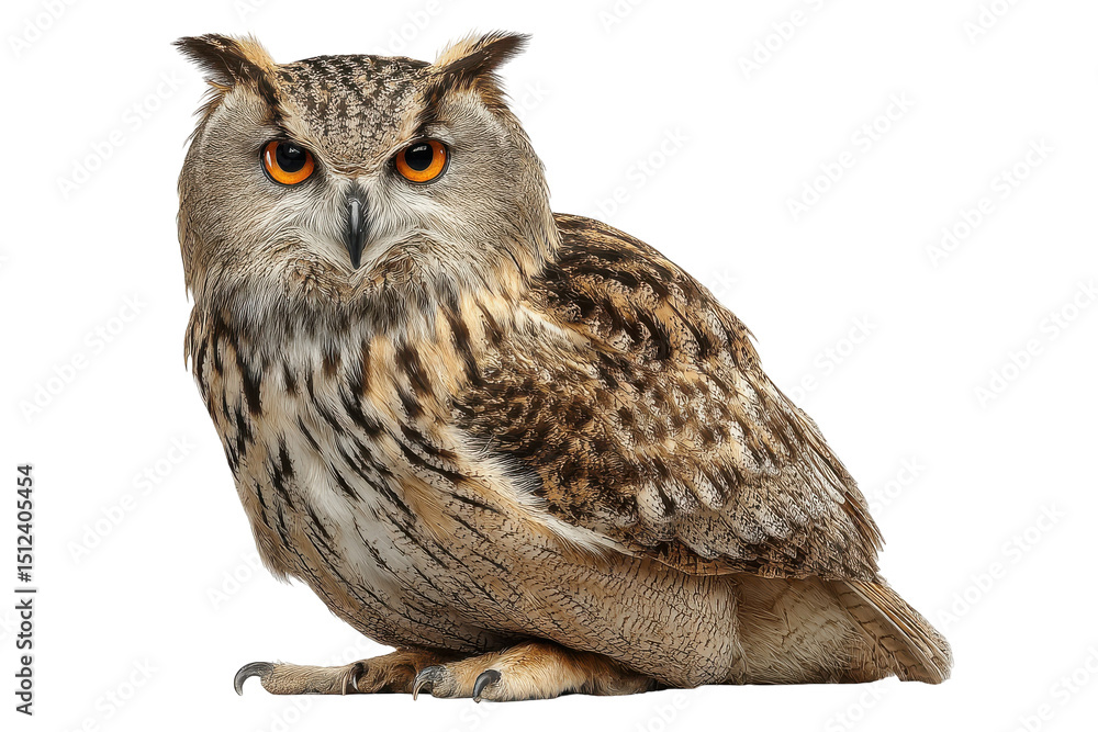 Fototapeta premium Eurasian eagle owl bubo perched with intense gaze representing nocturnal wildlife, isolated on transparent background 