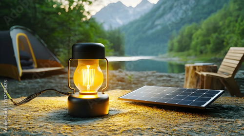 Camping Scene With Solar Panel And Lantern