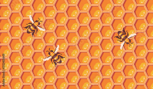  Honeycomb with bees background pattern pixel art.   Apiary texture.  8 bit. Game development, mobile app. Isolated vector illustration.