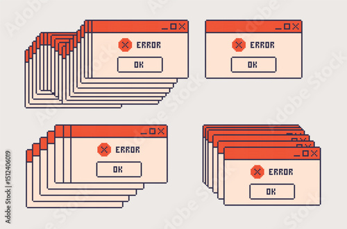 Windows browser interface pixel art set. Login, error frame collection. 8 bit. Game development, mobile app. Isolated vector illustration.