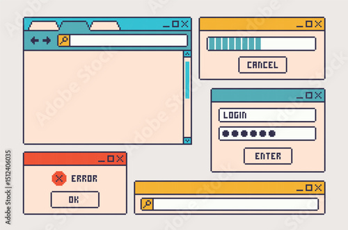 Windows browser interface pixel art set. Login, error frame collection. 8 bit. Game development, mobile app. Isolated vector illustration.