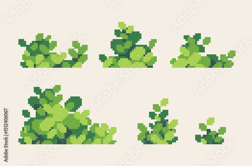 Backyard bushes pixel art icon set. Tropical shrub, logo collection. 8-bit sprite. Game development, mobile app. Isolated vector illustration.