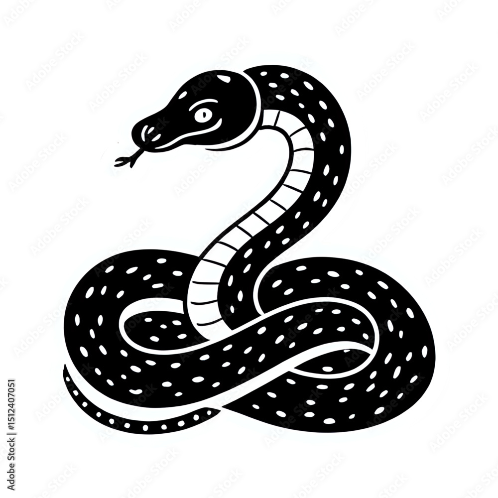 Fototapeta premium Black and white snake illustration drawing with spots vector image design on transparent background