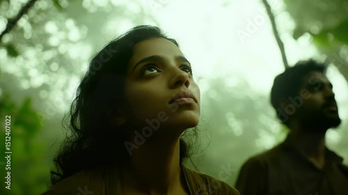 A man and woman standing in the woods