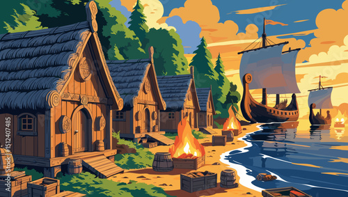 Scenic coastal village with wooden houses, a Viking ship, and bonfires at sunset