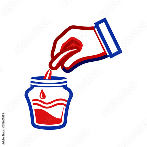Mustard icon being dipped by hand into container, condiment concept