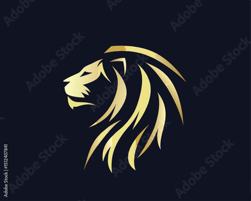 King lion head silhouette turned to the left side. Golden safari animal head. Wildlife vector logo. Side view of leo head 
