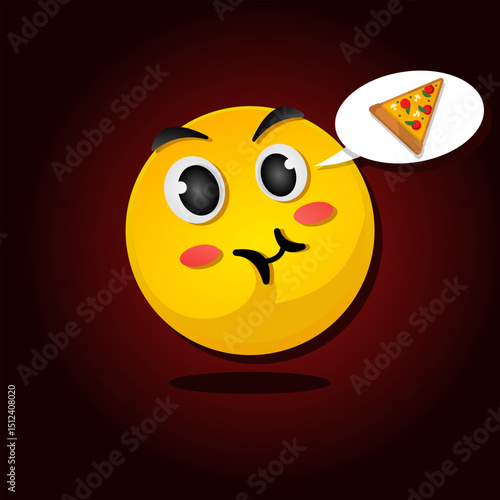 Cute Hungry face emoji with bubble chat and pizza in flat design style

