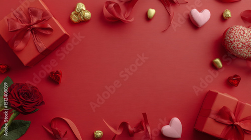 A top-down, eye-level photo on a solid red surface displays a collection of Valentine's Day-themed items arranged around a central empty space. In the upper left corner, a square red gift box is toppe