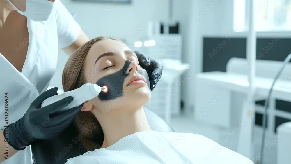 A young woman with a carbon peeling mask, her face relaxed as the aesthetician uses a laser to target her pores, with soft salon lighting casting gentle shadows and modern, calming A young woman with a carbon peeling mask, her face relaxed as the aesthetician uses a laser to target her pores, with soft salon lighting casting gentle shadows and modern, calming