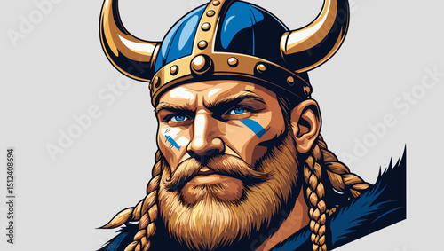 Viking warrior portrait with braided hair, blue markings, and a horned helmet exuding strength