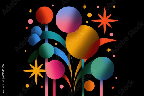 Abstract art of circles stars arcs and straight lines in a dark colorful composition
