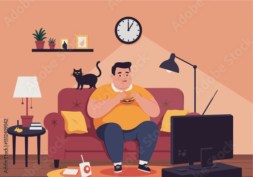 Flat Vector Of Overweight Man Eating Burger and Watching TV