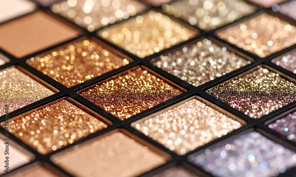 Fototapeta premium Close-Up of Shimmering Glitter Eyeshadow Palette with Rich Metallic Pigments – Luxury Makeup Product with Sparkling Texture for Beauty and Cosmetic Design