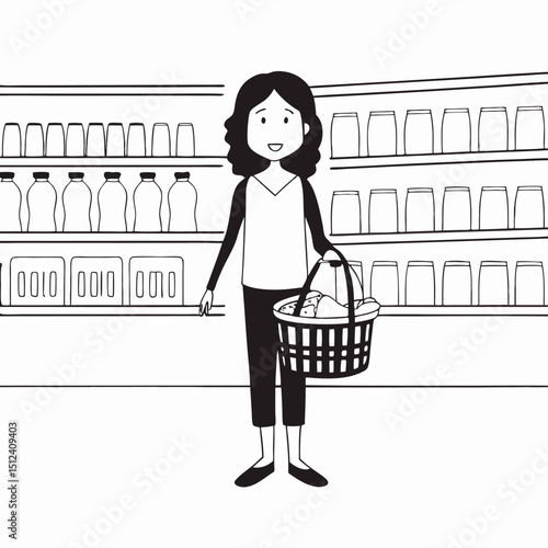 Grocery Shopping A Woman with a Basket of Groceries in a Supermarket