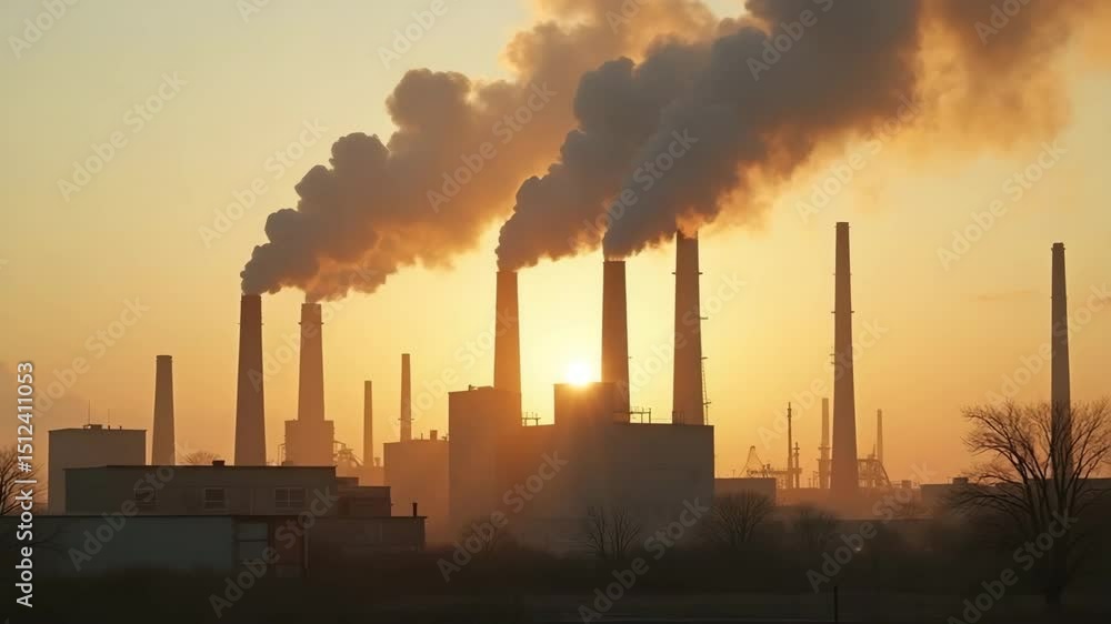 Industrial smoke stacks releasing fumes against sunset skyline Industrial smoke stacks releasing fumes against sunset skyline