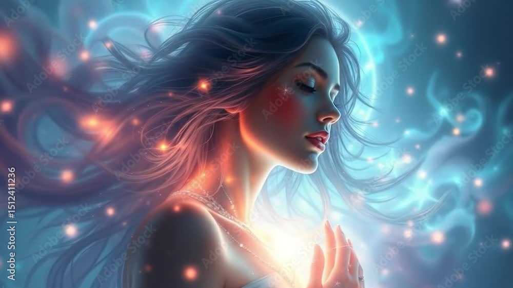 Ethereal Beauty Portrait: Serene Woman with Glowing Aura and Sparkling Lights Ethereal Beauty Portrait: Serene Woman with Glowing Aura and Sparkling Lights