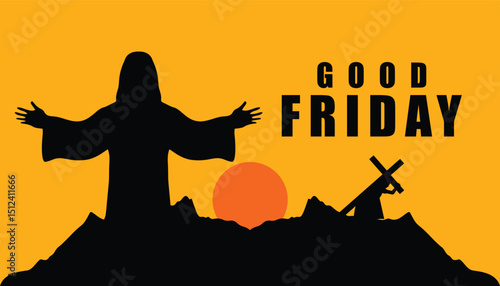 Good Friday Religious Sunset Silhouette Graphic Design featuring Jesus and the Cross, perfect for Easter cards or social media.