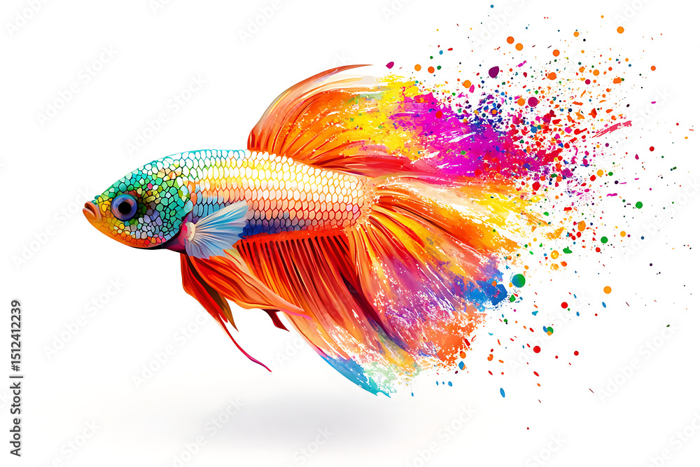 Fototapeta premium Vibrant goldfish swimming gracefully, surrounded by a splash of colorful paint in a white background