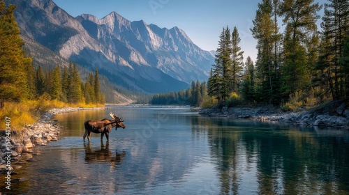 Fototapeta Naklejka Na Ścianę i Meble -  Majestic view of crystal-clear lake and Canadian Rockies in Banff National Park