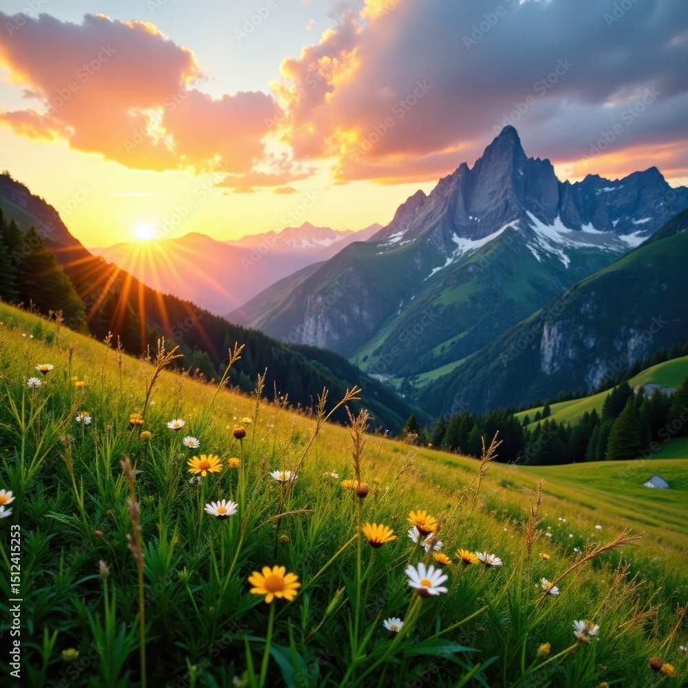 Fototapeta premium Golden sunset paints alpine meadow, vibrant green grass, majestic mountains , hills, awesome, view