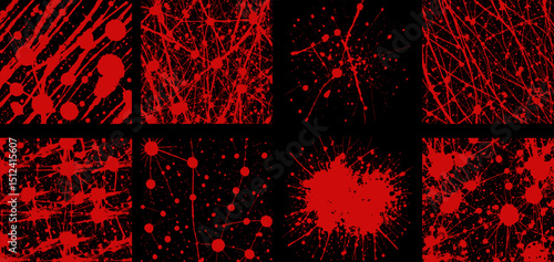 Red Ink Splatter Collection: A set of eight dynamic vector illustrations featuring various red ink splatters on a black background, ideal for design and commercial use.
