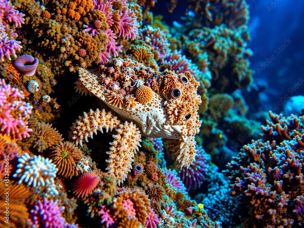 Fototapeta premium Tropical Reef Cuttlefish Hiding Among Coral
