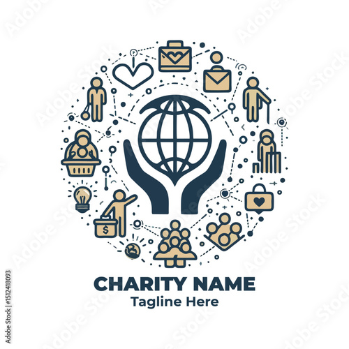 Charity vector logo for giving back movement, support campaign, nonprofit foundation, heart symbol, social impact initiative for care, love, and human kindness in difficult times