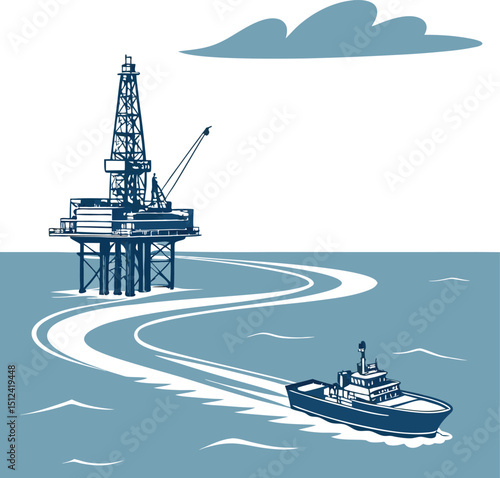 Tranquil Ocean Scene Featuring Offshore Oil Rig and Cargo Vessels