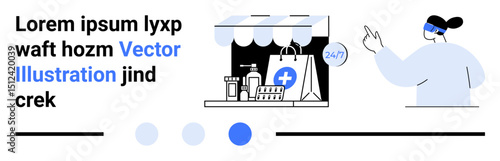 Pharmacy counter with medical products, bags, and 247 sign. Customer engages in digital interaction. Ideal for health, service, business, commerce, convenience accessibility simple landing page