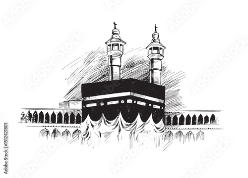 Holy Kaaba in Mecca Saudi Arabia, Hand Drawn Sketch Vector illustration