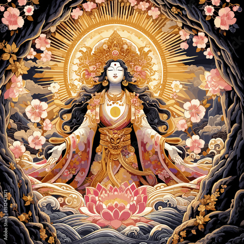 Divine goddess figure surrounded by lotus flowers and blossoms, radiating peace and enlightenment