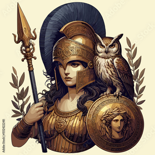 Warrior goddess with a spear and shield alongside an owl, embodying wisdom and strength