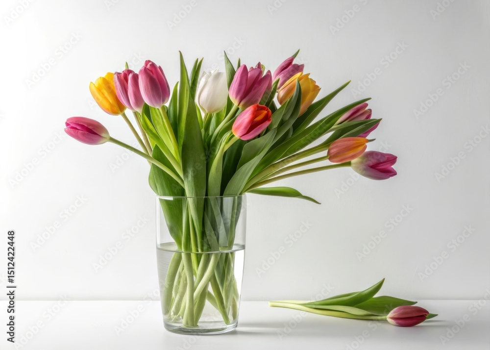 Fototapeta premium Arranging a bunch of tulips in a glass vase on a white background minimalistic floral display home decor bright and airy environment close-up viewpoint elegant simplicity