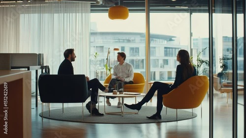 Dynamic team collaboration brainstorming session in a modern office space with city view