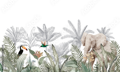 Photography Abstract Wildlife Mural: Gray Elephants, Zebra, Toucan in Light Tropical Setting