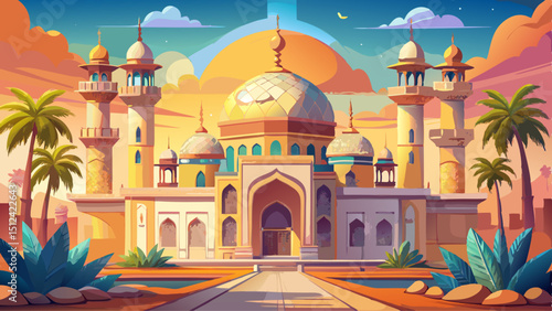 Beautiful Islamic mosque with domes, intricate tilework, arched entrances, and tall minarets. Surrounded by palms and warm sunlight, it expresses peace, culture, and sacred architectural elegance.

