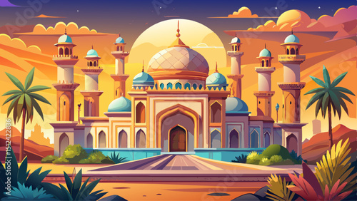 Beautiful Islamic mosque with domes, intricate tilework, arched entrances, and tall minarets. Surrounded by palms and warm sunlight, it expresses peace, culture, and sacred architectural elegance.

