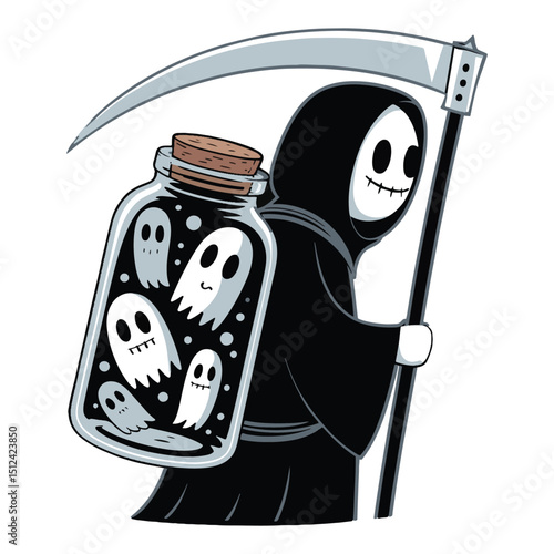 A grim reaper holding bottle and trapping ghosts in bottles vector design Illustration.