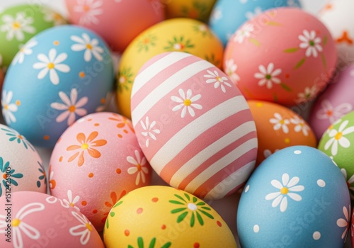 Closeup of colorful easter eggs with daisy decorations