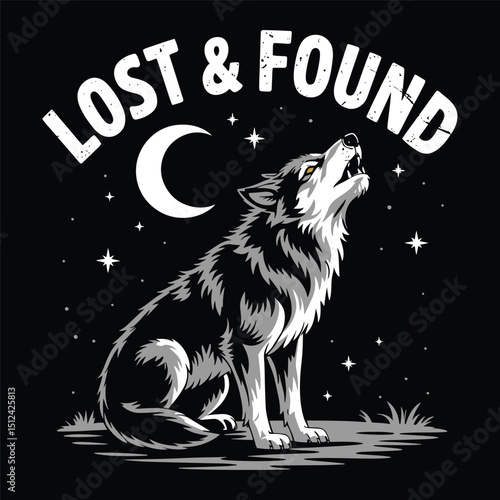 Lost & found t shirt design, A wolf staring at the bright moon at night silhouette vector design.