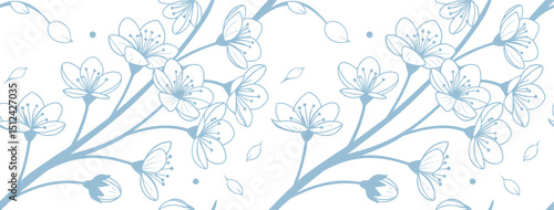 Delicate cherry blossom seamless pattern in soft blue on white background. Perfect for spring-themed design, stationery, and fabric prints. Elegant botanical artwork in floral style.