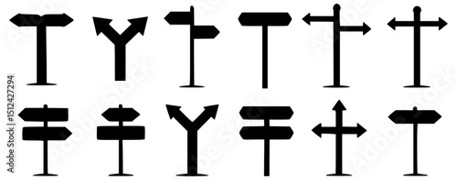 Direction Signpost and Road Sign Vector Icon Set in Silhouette Style