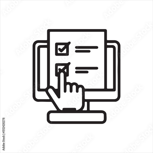 Online survey concept with computer screen checklist and human hand pointer in black and white