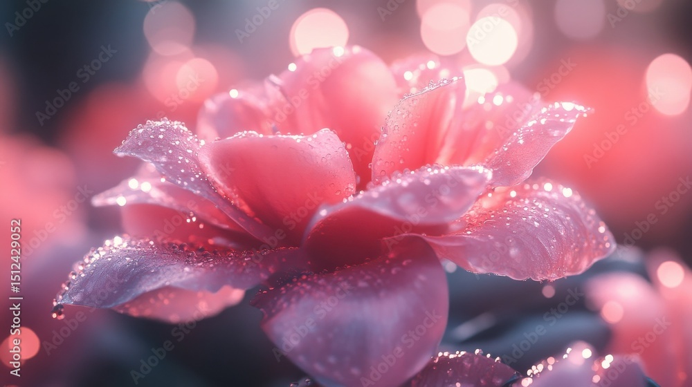 Glowing pink flower with water droplets and soft bokeh backlit scene Glowing pink flower with water droplets and soft bokeh backlit scene