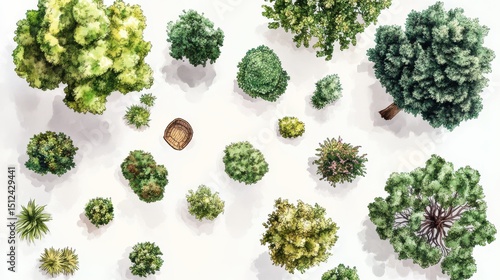 Hand-painted watercolor trees and planst. Top down view of plants, shrubs, paths landscape design materials for architecture plans. Landscape layout plan and architecture drawing elements