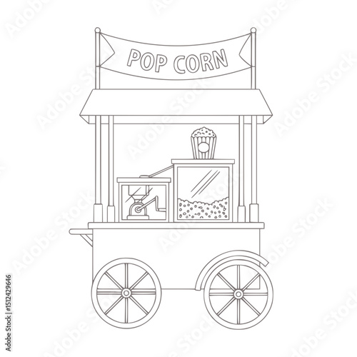 Popcorn cart, line art, black and white, for food vendors