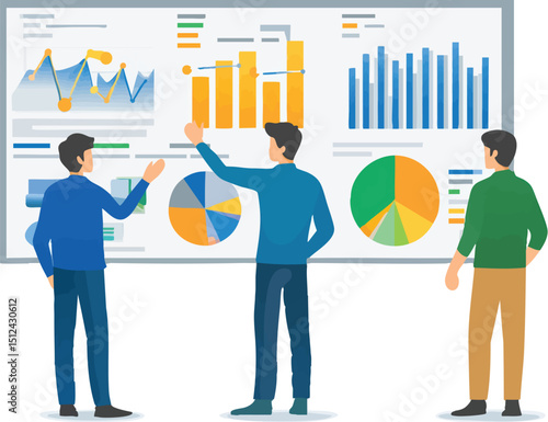 Three people analyzing data represented in graphs on a large white board